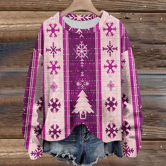 WXLWZYWL Christmas Sweaters for Women Cute Xmas Reindeer Graphic Sweatshirt Knitted Snowflake Tops Loose Long Sleeve Round Neck Pullover