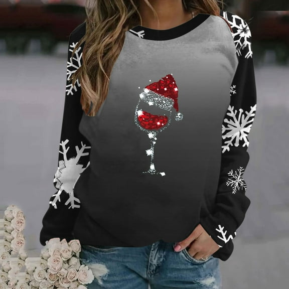WXLWZYWL Christmas Sweatshirt Women Christmas Snowman Reindeer Print Pullover Casual Long Sleeve Holiday Shirts Tops