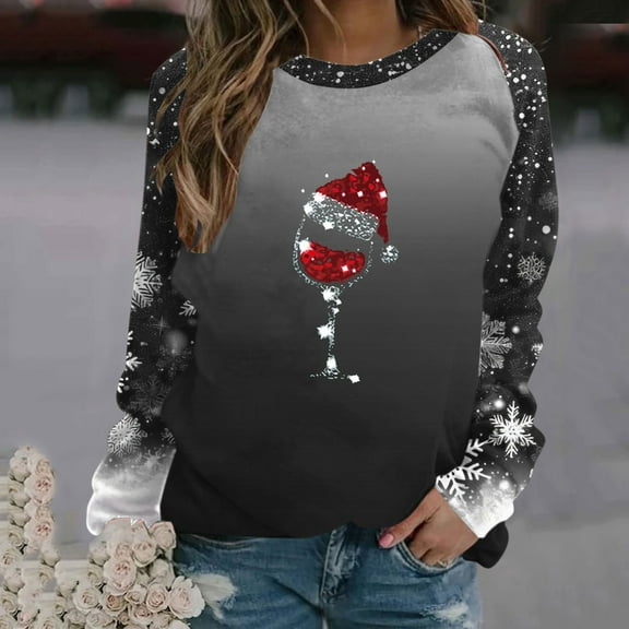 WXLWZYWL Christmas Sweatshirt Women Christmas Snowman Reindeer Print Pullover Casual Long Sleeve Holiday Shirts Tops