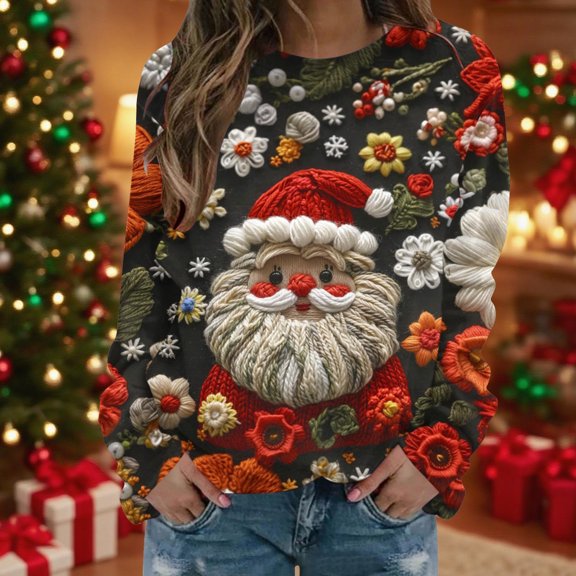 WXLWZYWL Christmas Sweatshirt for Women Fashion Loose Long Sleeve Blouse Round Neck Hoodless Sweatshirts