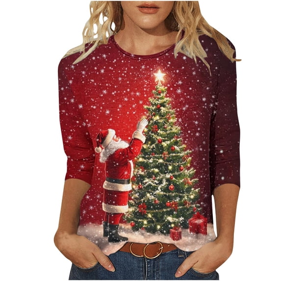 WXLWZYWL Christmas T-Shirts for Women Plus Size 3/4 Sleeve Tops Crewneck Vacation Christmas Tree Print Pullover