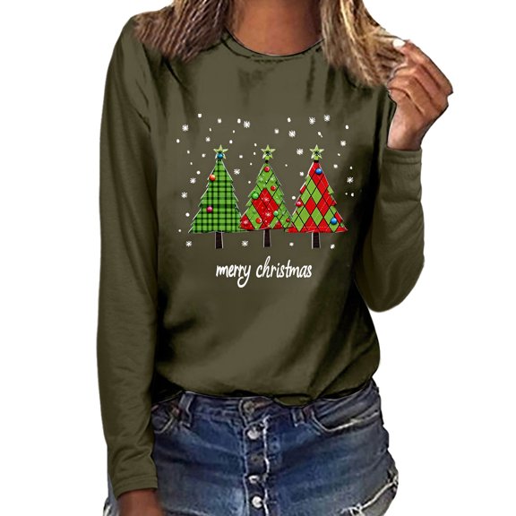 WXLWZYWL Christmas Tops for Women Long Sleeve Shirts Round Neck Graphic Print Tees Blouses Top