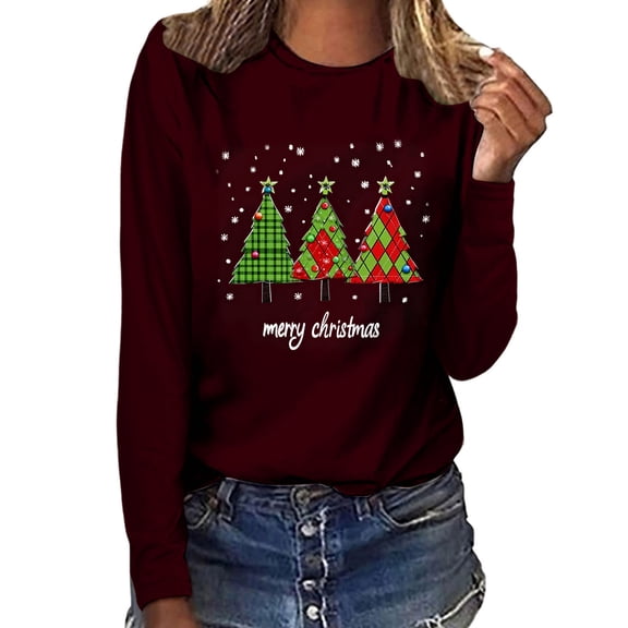 WXLWZYWL Christmas Tops for Women Long Sleeve Shirts Round Neck Graphic Print Tees Blouses Top