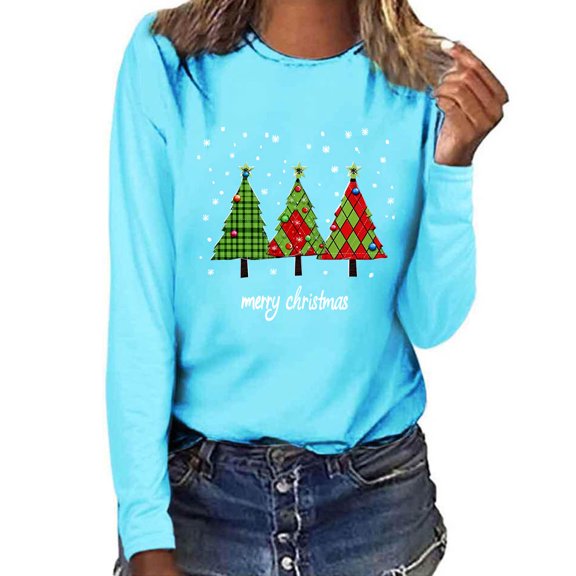 WXLWZYWL Christmas Tops for Women Long Sleeve Shirts Round Neck Graphic Print Tees Blouses Top