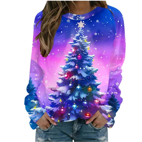 WXLWZYWL Christmas Women Sweatshirts Fashion Casual Print Round Neck Loose Long Sleeve Blouse