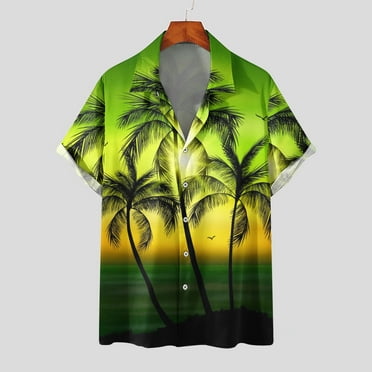 WXLWZYWL Clearance Hawaiian Shirt for Men Plus Size Short Sleeve Button Down Palm Tree Printing Funky Casual Unisex Beach Cuban Guayabera Shirts Summer Tropical Vacation Holiday Tees Green M