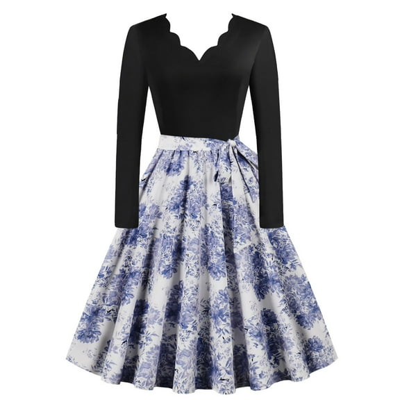 WXLWZYWL Items Free Shipping Christmas Audrey Hepburn Dress Fall Winter Long Sleeve V Neck Womens Cocktail Pleated Prom Dresses with Belt