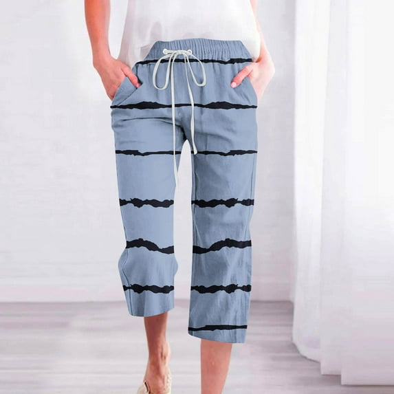 WXLWZYWL Items Free Shipping Summer Linen Capris for Women Striped Casual Summer Wide Leg Pants Drawstring Elastic High Waist Jogger Travel Beach