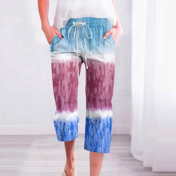 WXLWZYWL Items Free Shipping Summer Linen Capris for Women Striped Casual Summer Wide Leg Pants Drawstring Elastic High Waist Jogger Travel Beach