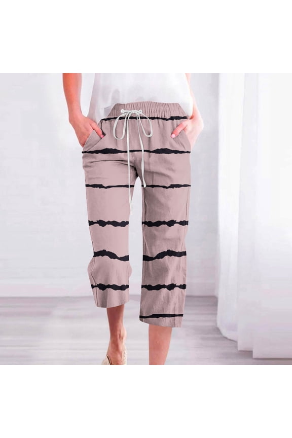 Items Free Shipping Summer Linen Capris for Women Striped Casual Summer Wide Leg Pants Drawstring Elastic High Waist Jogger Travel Beach