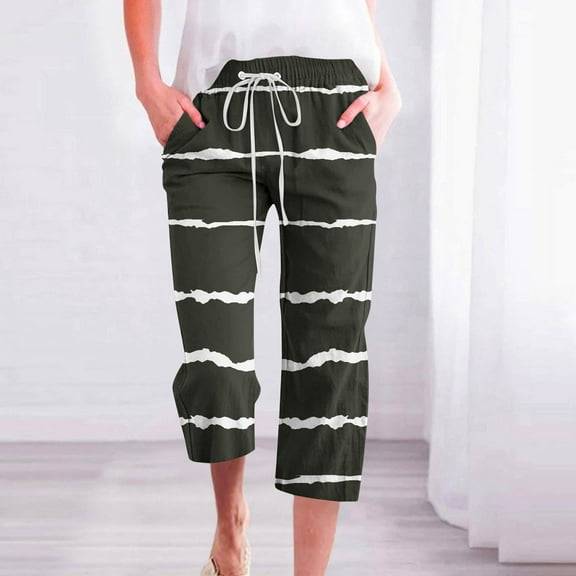 WXLWZYWL Items Free Shipping Summer Linen Capris for Women Striped Casual Summer Wide Leg Pants Drawstring Elastic High Waist Jogger Travel Beach