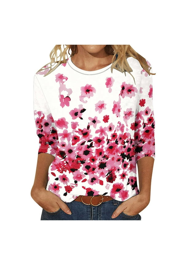 Items Free Shipping Womens 3/4 Sleeve T Shirt Printed Top Pullover Round Neck Color Block Casual Loose Tunic Tee