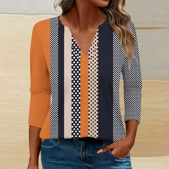 WXLWZYWL Items Free Shipping Womens 3/4 Sleeve T Shirt Printed Top Pullover Round Neck Color Block Casual Loose Tunic Tee