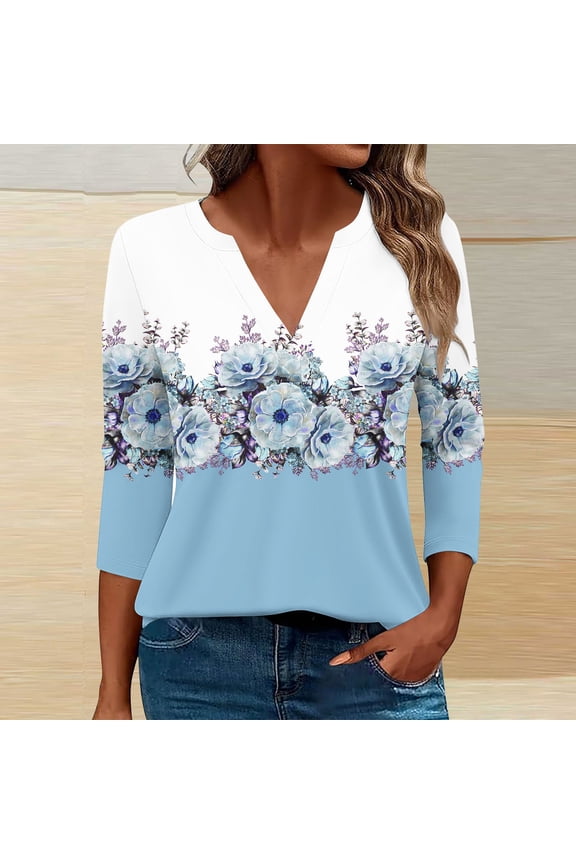 Items Free Shipping Womens 3/4 Sleeve T Shirt Printed Top Pullover Round Neck Color Block Casual Loose Tunic Tee