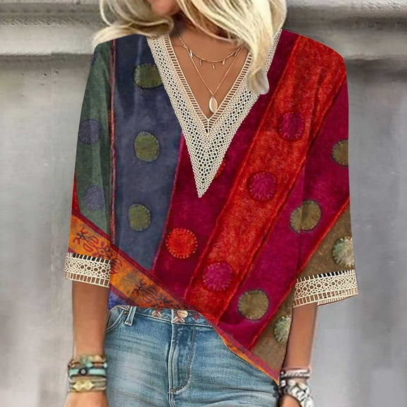 WXLWZYWL Women Boho Trendy Tops 3/4 Length Sleeve Shirts Lace Trim V Neck Blouses Dressy Causal Bohemian Ladies Clothes