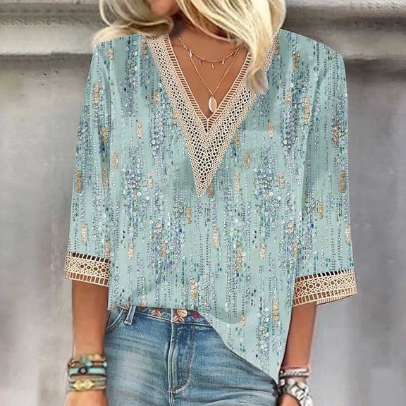 WXLWZYWL Women Boho Trendy Tops 3/4 Length Sleeve Shirts Lace Trim V Neck Blouses Dressy Causal Bohemian Ladies Clothes