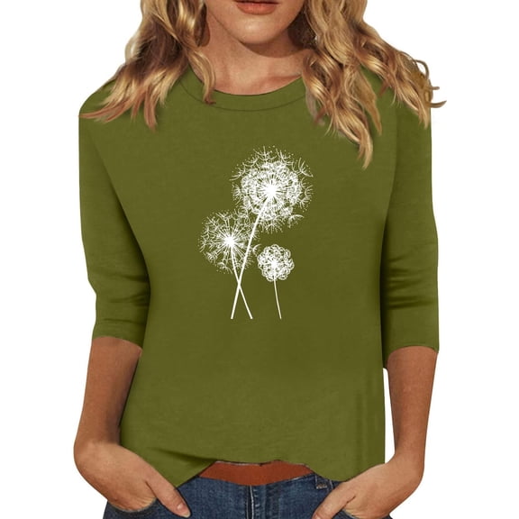 WXLWZYWL Casual Tops for Women 3/4 Sleeve Round Neck Trendy Print Blouses Tees Plus Size Slim Fit Pullover Top