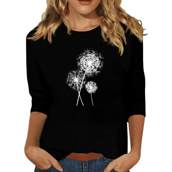 WXLWZYWL Casual Tops for Women 3/4 Sleeve Round Neck Trendy Print Blouses Tees Plus Size Slim Fit Pullover Top