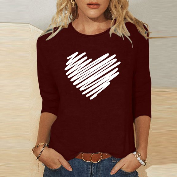 WXLWZYWL Casual Tops for Women 3/4 Sleeve Round Neck Trendy Print Blouses Tees Plus Size Slim Fit Pullover Top