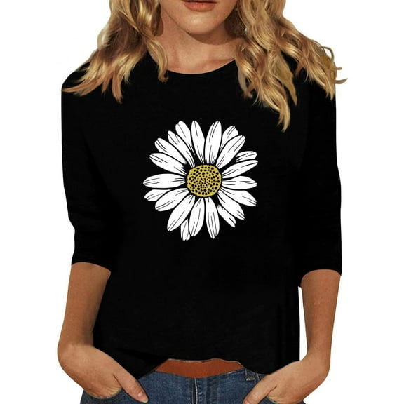 WXLWZYWL Casual Tops for Women 3/4 Sleeve Round Neck Trendy Print Blouses Tees Plus Size Slim Fit Pullover Top