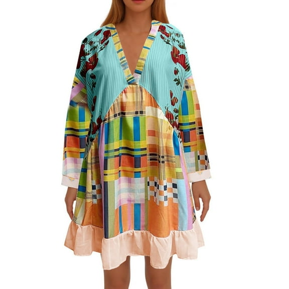 WXLWZYWL Women Bohemian Floral Mini Dress Boho Puff Sleeve V Neck Dress Summer Beach Short Dress