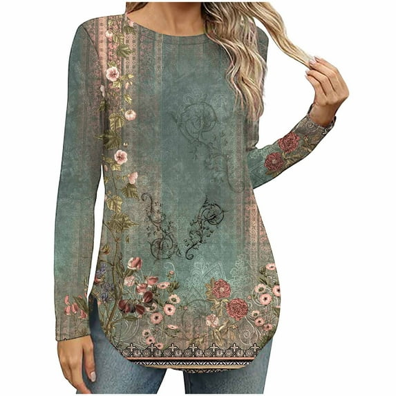 WXLWZYWL Items for Women under 5 Womens Pullover Tops Flower Floral Printed T Shirt Crewneck Long Sleeve Tees Fall Tunic Shirt