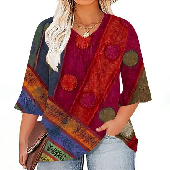 WXLWZYWL Items under 5 Dollars Womens Plus Size Tops 3/4 Ruffle Sleeve Shirt Casual V Neck Pleated T Shirt Loose Fit Tunic Blouse