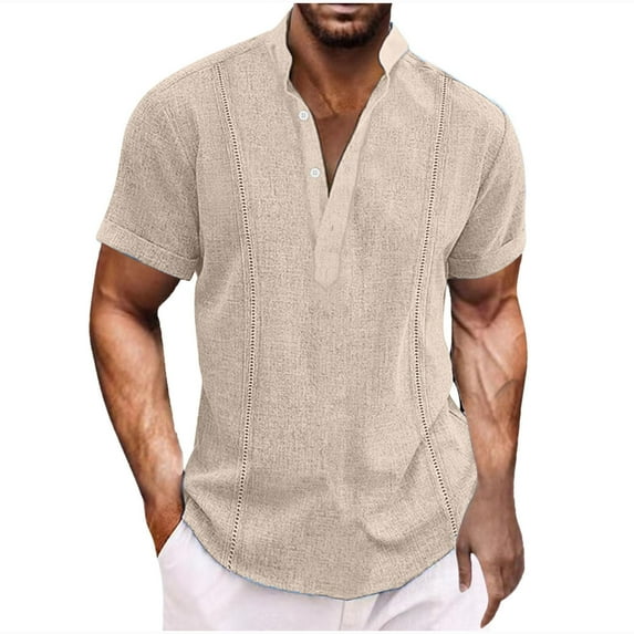 Prime Deals of The Day Today OnlyWXLWZYWL Clearance Mens Plus Size Henley Shirts Short Sleeve V Neck Button Up Lapel Solid Color Cuban Camp Guayabera Linen Cotton Hippie Beach Casual Loose Shirts