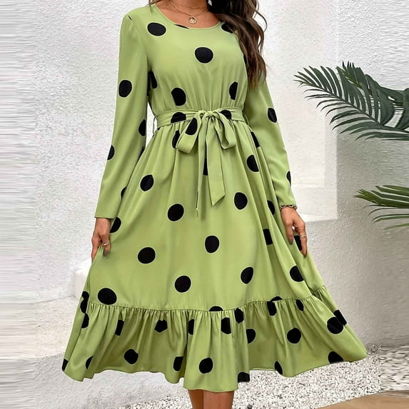 WXLWZYWL Fall Dresses for Women Long Sleeve Round Neck Flowy Midi Dress Polka Strap Ruffle Hem Casual Spring Fall Vintage Dress