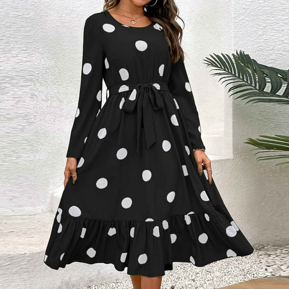 WXLWZYWL Fall Dresses for Women Long Sleeve Round Neck Flowy Midi Dress Polka Strap Ruffle Hem Casual Spring Fall Vintage Dress