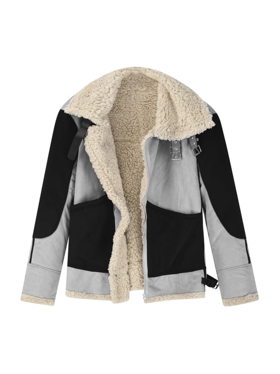 Mens Shearling Leather Coat Faux Suede Sherpa Lined Patchwork Winter Thicken Warm Lapel Sheepskin Jacket with Pockets