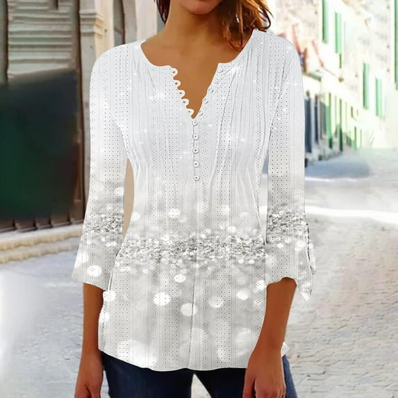 WXLWZYWL Womens Fall Tops Button Down 3/4 Sleeve Shirts V Neck Flare Sleeve Blouses Dressy Casual Ruched Cute Sequin Tops Vintage Tees Loose Fit Tunic Vacation Outfits