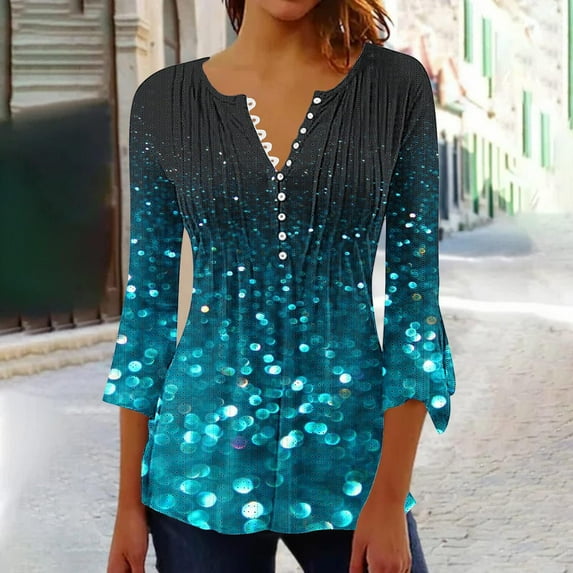 WXLWZYWL Womens Fall Tops Button Down 3/4 Sleeve Shirts V Neck Flare Sleeve Blouses Dressy Casual Ruched Cute Sequin Tops Vintage Tees Loose Fit Tunic Vacation Outfits