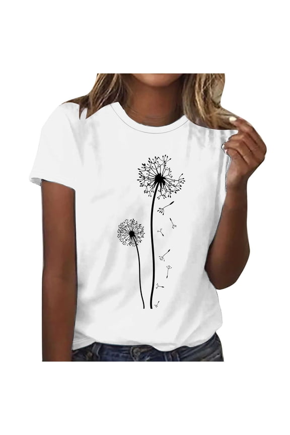 Tunic Tops for Women Plus Size Short Sleeve Round Neck Dandelion Graphic T-Shirts Summer Casual Blouses Regular Fitted Printing Tees Shirts