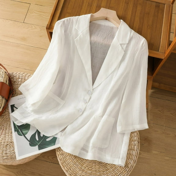WXLWZYWL Cotton Linen Blazer Womens 3/4 Sleeve Lightweight Dressy Elegant Lapel Suit Jacket Solid Loose Cardigan with Pockets