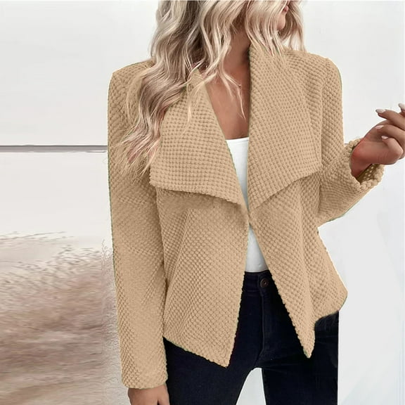 WXLWZYWL Crop Jackets for Women Waffle Open Front Long Sleeve Casual Dressy Work Office Coat Drape Lapel Outwear