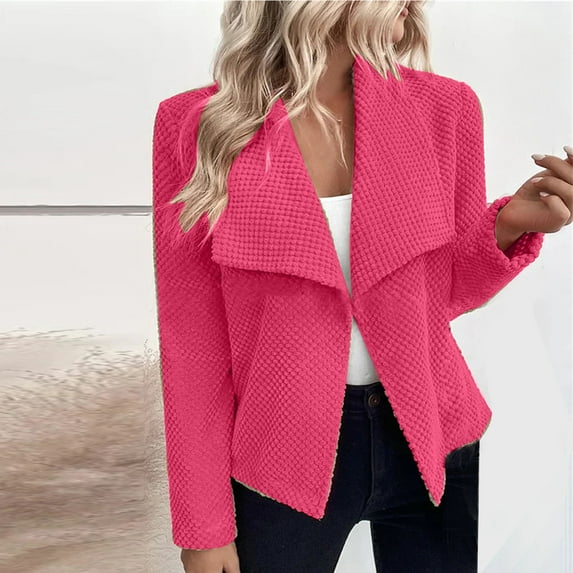 WXLWZYWL Crop Jackets for Women Waffle Open Front Long Sleeve Casual Dressy Work Office Coat Drape Lapel Outwear