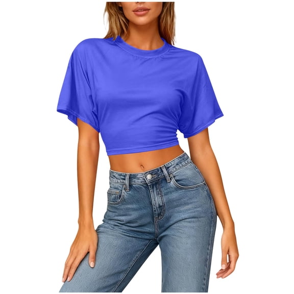 WXLWZYWL Crop Tops for Women Short Sleeve Cropped Shirts Crewneck Slim Fitted Summer Basic Tees