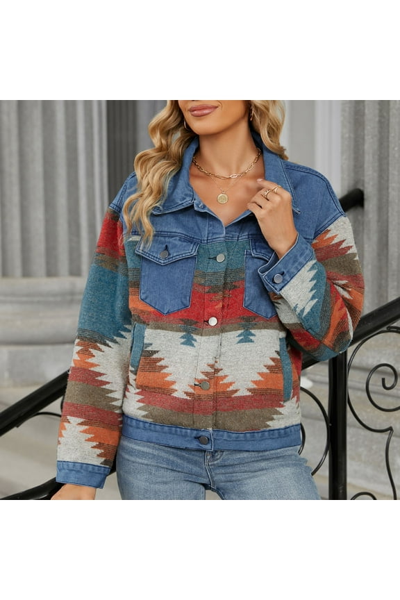 Denim Jacket for Women Plus Size Lapel Button Down Aztec Print Shirt Coat Shacket Western Jacket