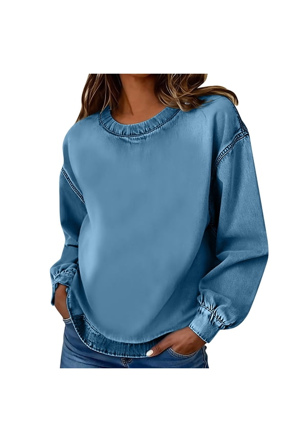 Denim Sweatshirts for Women Crewneck Pullover Tops Long Sleeve Shirts Vintage Loose Blouses