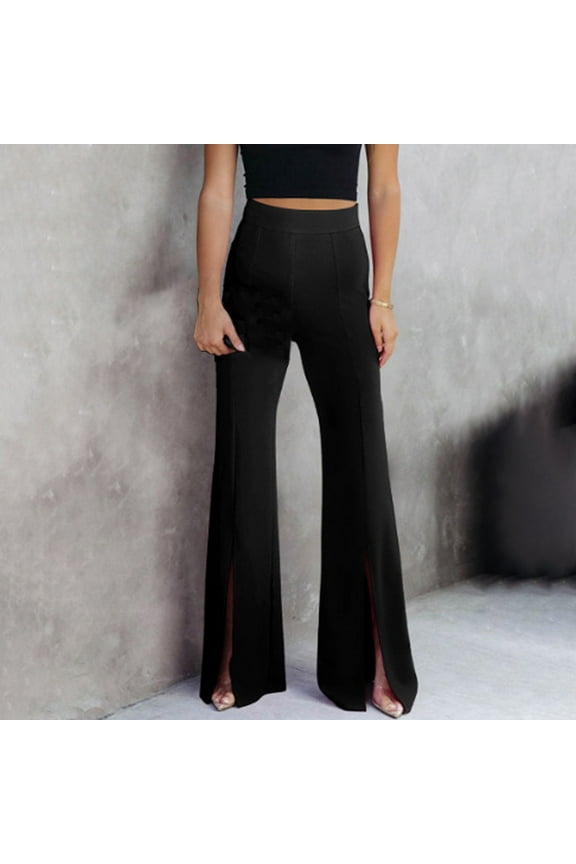 Dress Pants for Women High Waisted Pull On Baggy Casual Business Side Split Hem Bell Bottom Slacks Flare Pants Wide Leg Pant Work Long Lounge Trousers