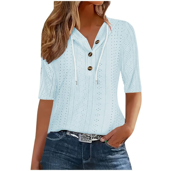 WXLWZYWL Eyelet Hoodies for Women Short Sleeve Shirts Drawstring Button up Hooded Summer Tops 2026
