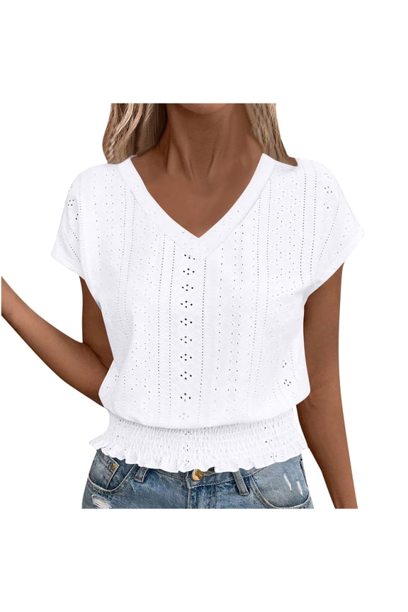 Eyelet Tops for Women Summer V Neck Short Sleeve Shirts Smocked Waist Crop Top Casual Plain T Shirts 2026
