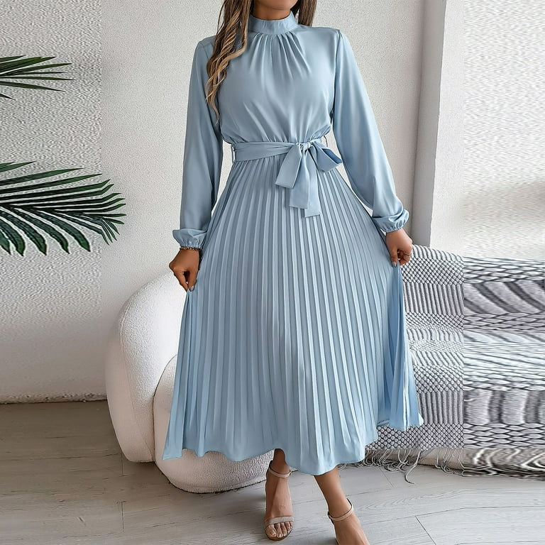 New solid color O-neck long sleeve waist A-line dress New solid color O-neck long sleeve waist A-line dress