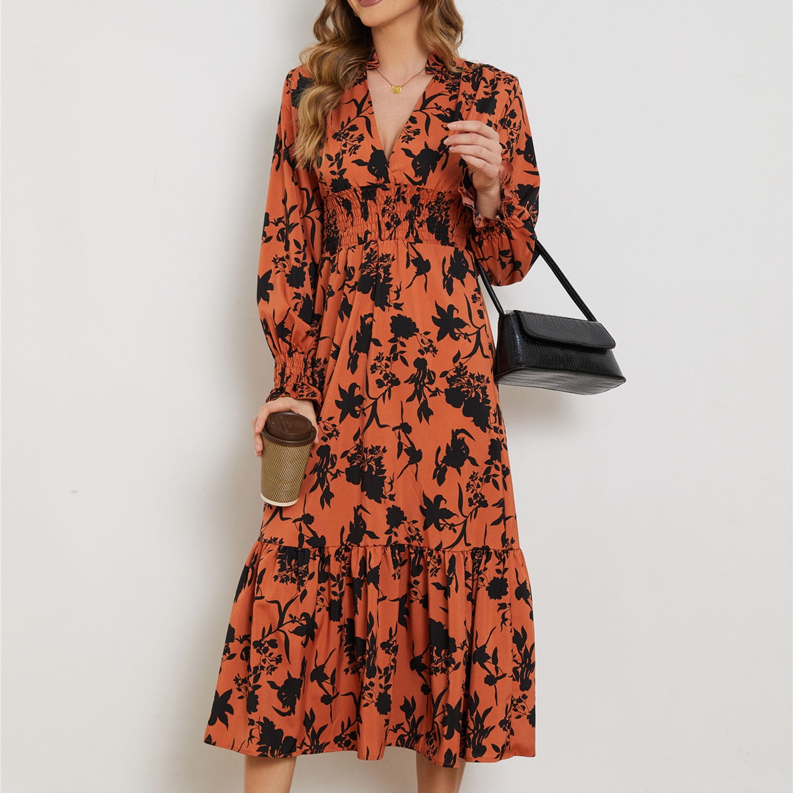 Wxlwzywl Fall Floral Dress for Women Wedding Guest V Neck Long Sleeve Big Swing Dress High Wast Casual Lady Dresses