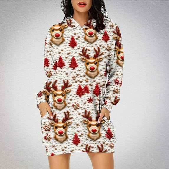 WXLWZYWL Fall Mini Dresses for Women 2024 Festival Christmas Funny Cute Printed Santa Graphic Long Sleeve Sweatshirt Dresses Fashion Long Tunic Hoodies