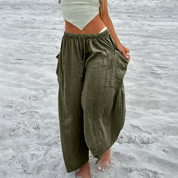 WXLWZYWL Fall Savings Women's Flowy Linen Pants Free Casual People Wide Leg with Drawstring Pockets Summer Trousers Hippie Pants