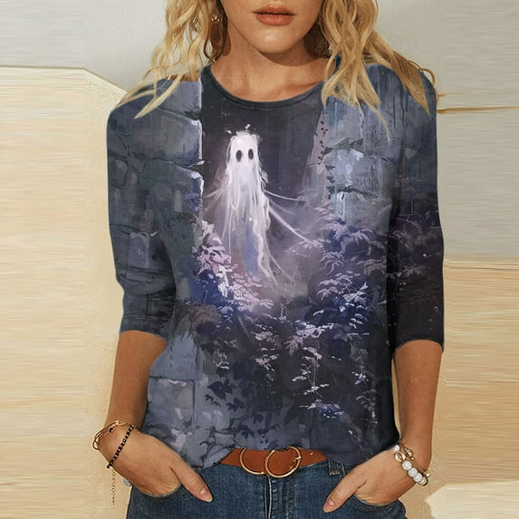 WXLWZYWL Fall Savings Halloween Shirts for Women Funny 3/4 Sleeve Round Neck Tops Casual Blood Ghost Graphic Tees Trendy Workout Fall Tunic Blouse