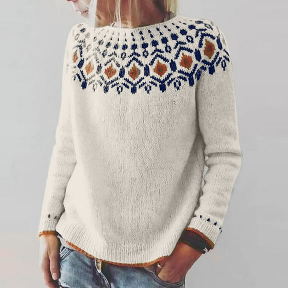 WXLWZYWL Fall Sweaters for Women 2024 Women's Knitted Fair Isle Print Retro Sweater Casual Loose Crewneck Long Sleeve Lightweight Cropped Pullover Tops