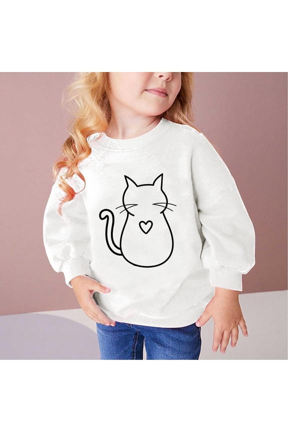 Fall Sweatshirts for Little Girls 2-9 Shirt Casual Round Neck Long Sleeve Graphic Cat Printed Shirts Fall Winter Tunic Tops for Girls 2-9 Years